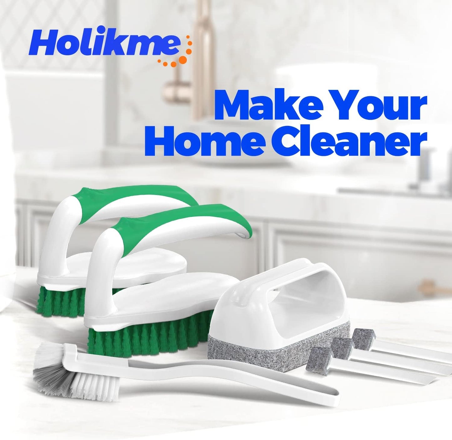 Holikme 7 Pack Deep Cleaning Brush Set, Scrub Pads with Scraper Tip for Pool Walls, Bathroom, Grout, Floor, Bike, Tub, Shower, Kitchen Surface (Green)