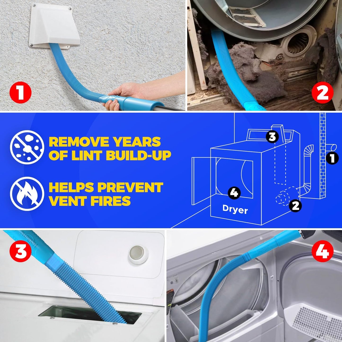 Holikme 58 Pieces 35 Feet Dryer Vent Cleaner Kit, Dryer Cleaning Tools, Include Dryer Vent Brush, Omnidirectional Blue Dryer Lint Vacuum Attachment, Dryer Lint Trap Brush, Vacuum & Dryer Adapters