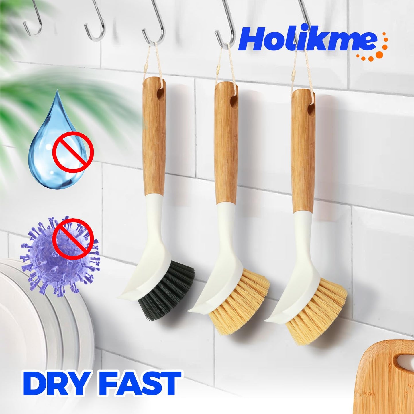 Holikme 3 Pack Dish Brush Set with Bamboo Handle, Kitchen Scrub Brush for Cleaning Dish, Pot, Sink and Stove, Skillet Scrubber with Tough Bristles for Cast Iron Grill Pan, White