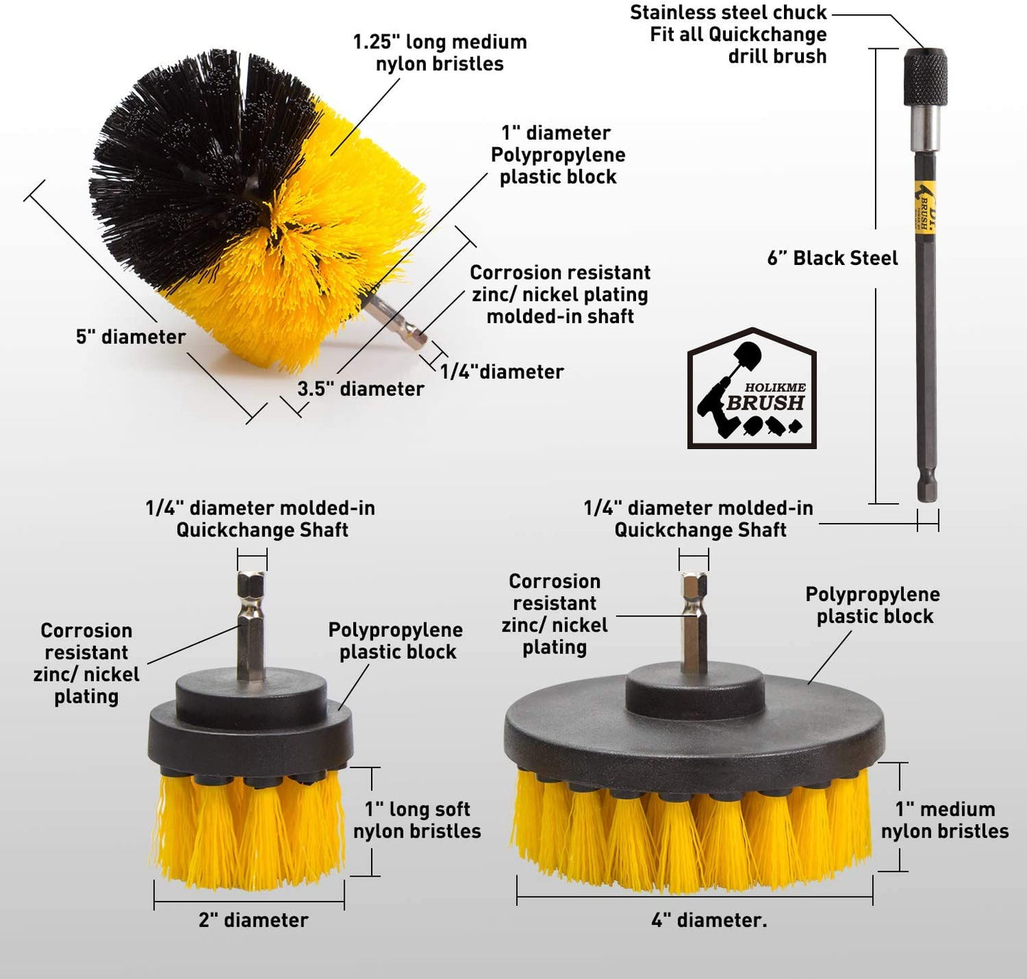 Holikme 6Pack Drill Brush Power Scrubber Cleaning Brush Extended Long Attachment Set All Purpose Drill Scrub Brushes Kit for Grout, Floor, Tub, Bathroom and Kitchen Surface,Scratch Brushes(Yellow)