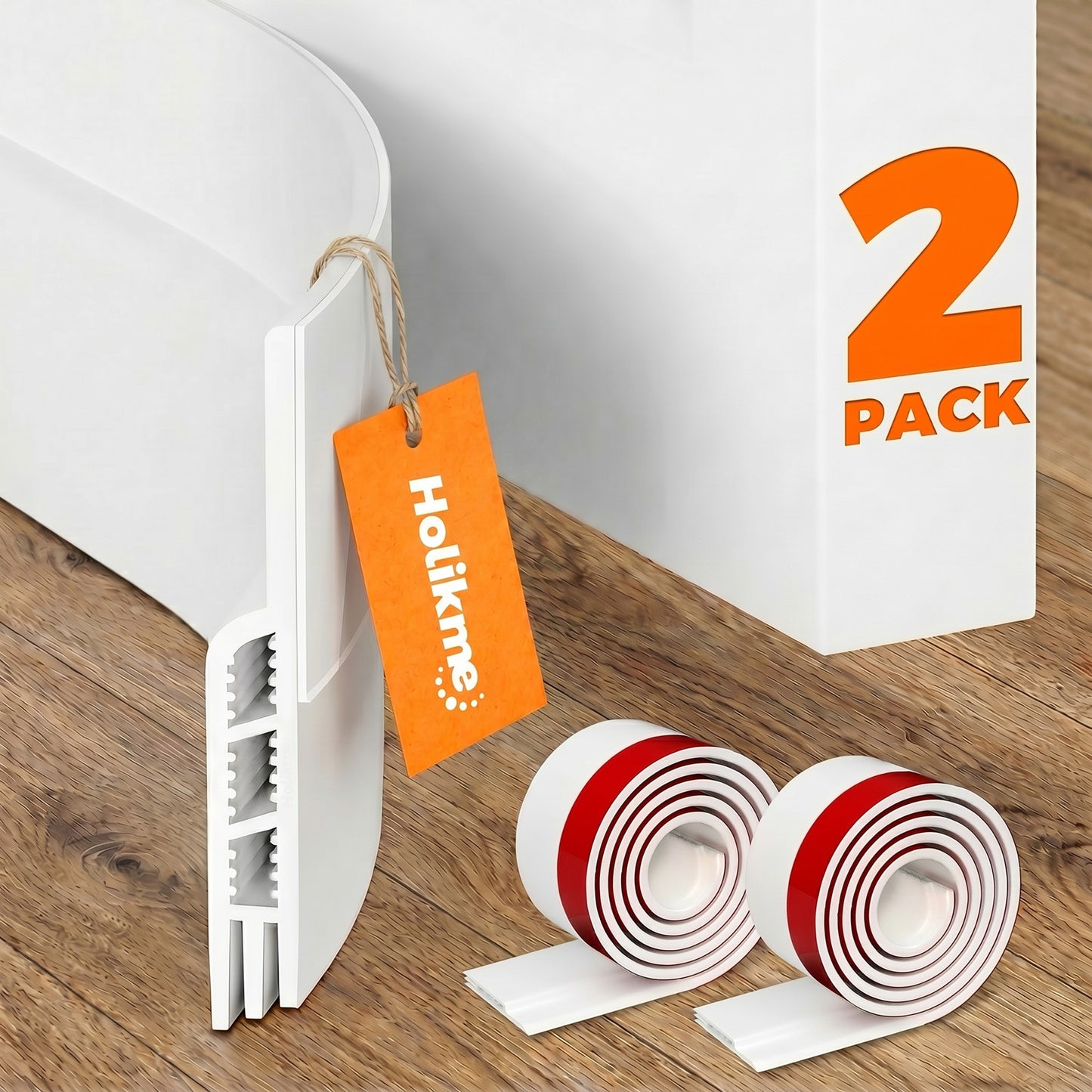 Holikme Door Draft Stopper 2-Pack, Under Door Seal for Bottom of Door, Strong Adhesive Weather Stripping Blocker, Stop Cold Air & Noise, Easy Install Door Sweep, White