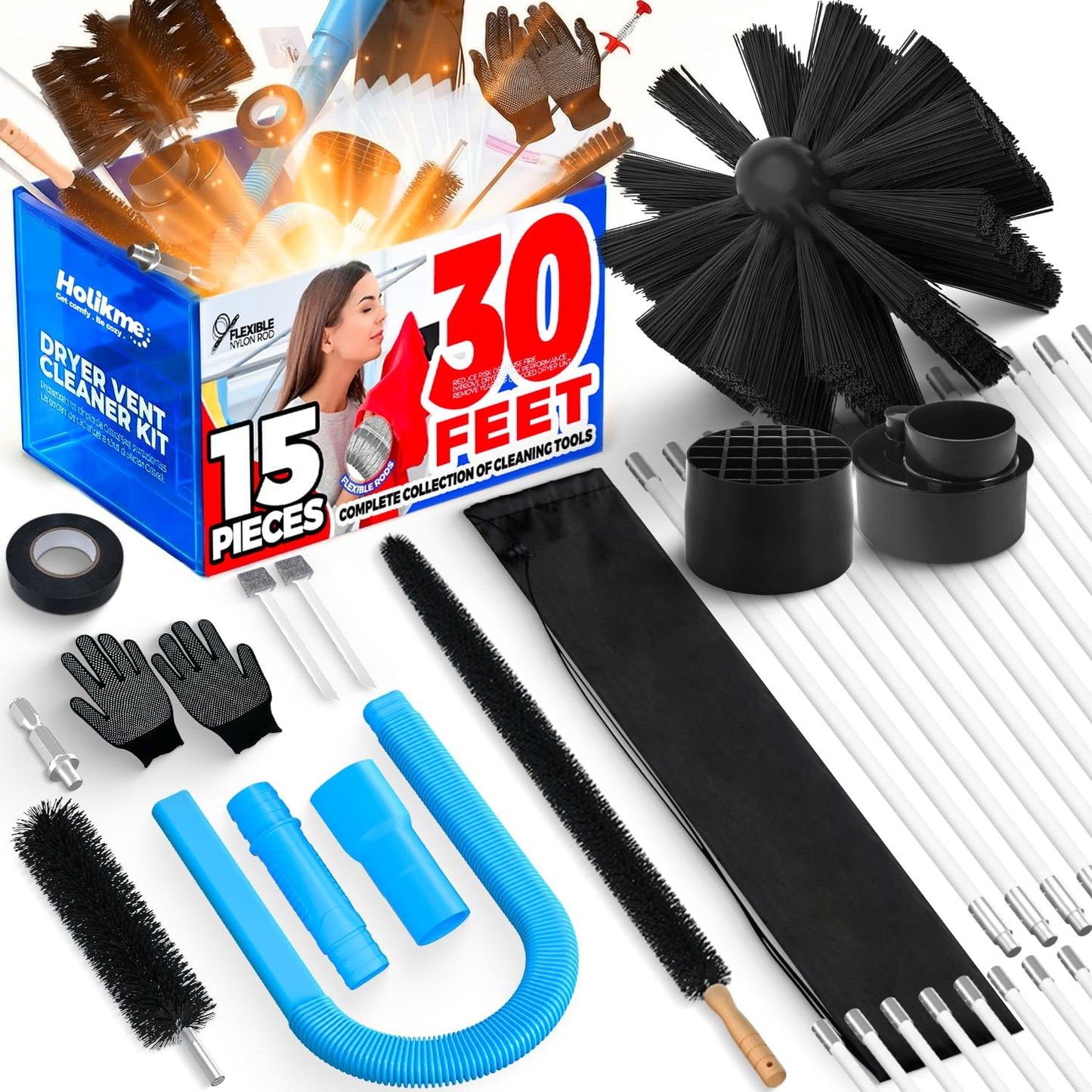 Holikme Dryer Vent Cleaner Kit, Include 30Feet Dryer Vent Cleaning Brush, Dryer Lint Vacuum Attachment, Lint Brush & Dryer Adapters, Blue