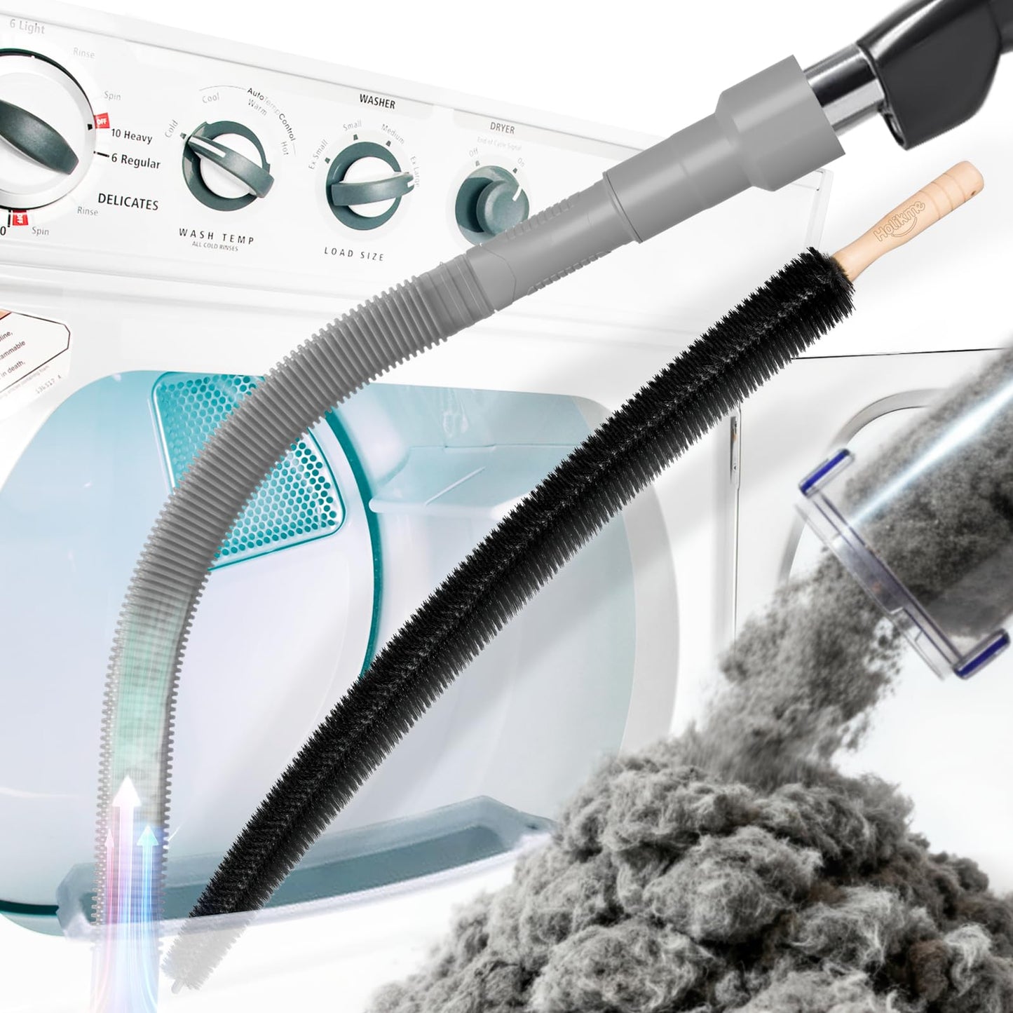 Holikme 2 Pieces Dryer Vent Cleaner Kit, Dryer Lint Vacuum Attachment and Flexible Dryer Lint Brush, Dryer Vent Vacuum Hose Attachment,Grey