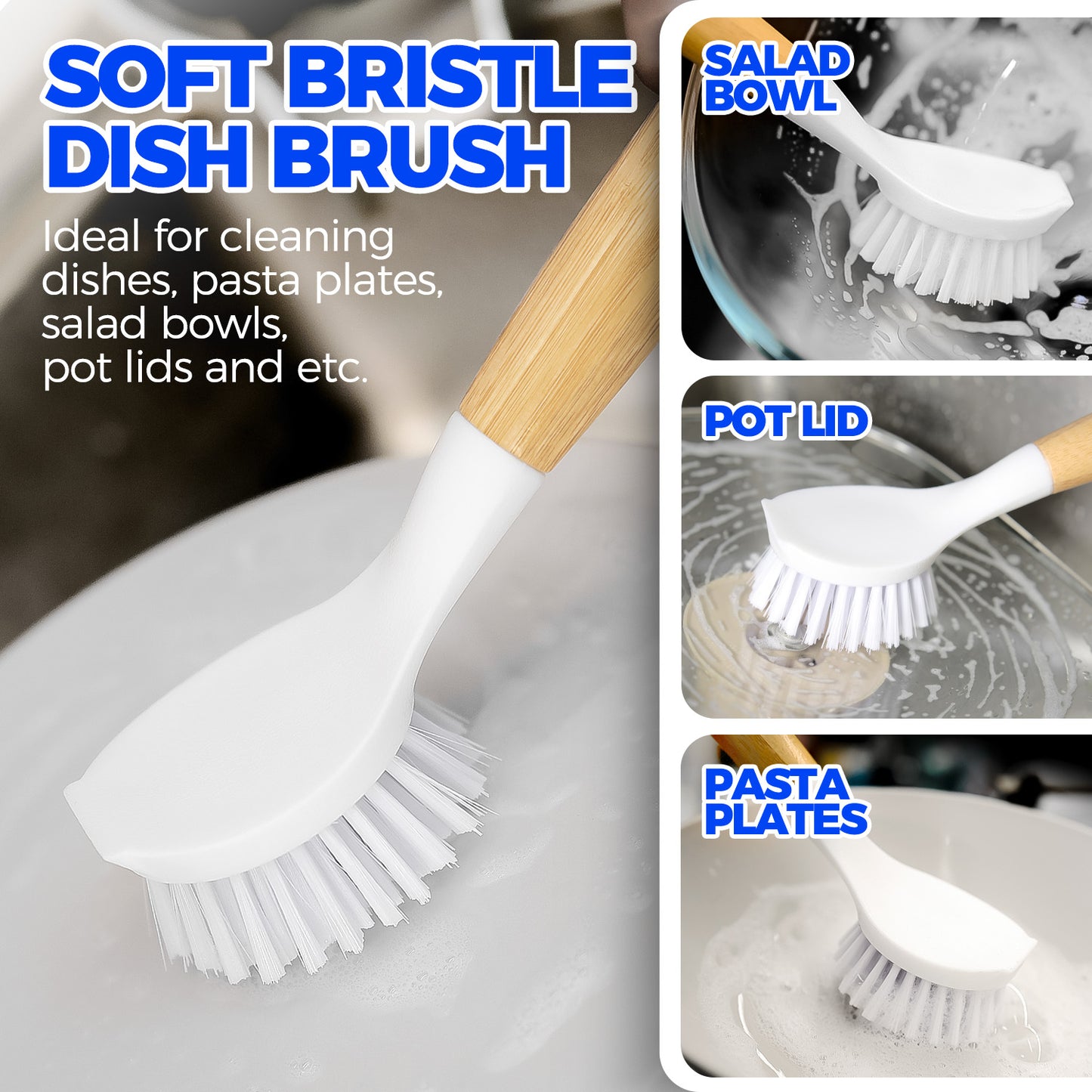 Holikme 3 Pack Dish Brush Set with Bamboo Handle, Kitchen Scrub Brush for Cleaning Dish, Pot, Sink and Stove, Skillet Scrubber with Tough Bristles for Cast Iron Grill Pan, White