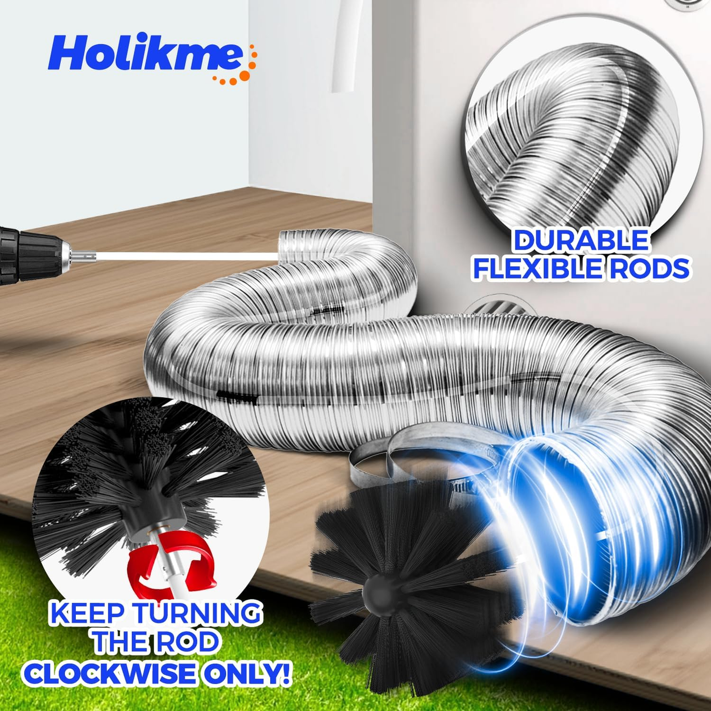 Holikme 20 Feet Dryer Vent Cleaner Kit, Flexible Lint Brush with Drill Attachment, Fireplace Chimney Brushes Extends Up to 20 Feet for Easy Cleaning, Use with or Without a Power Drill