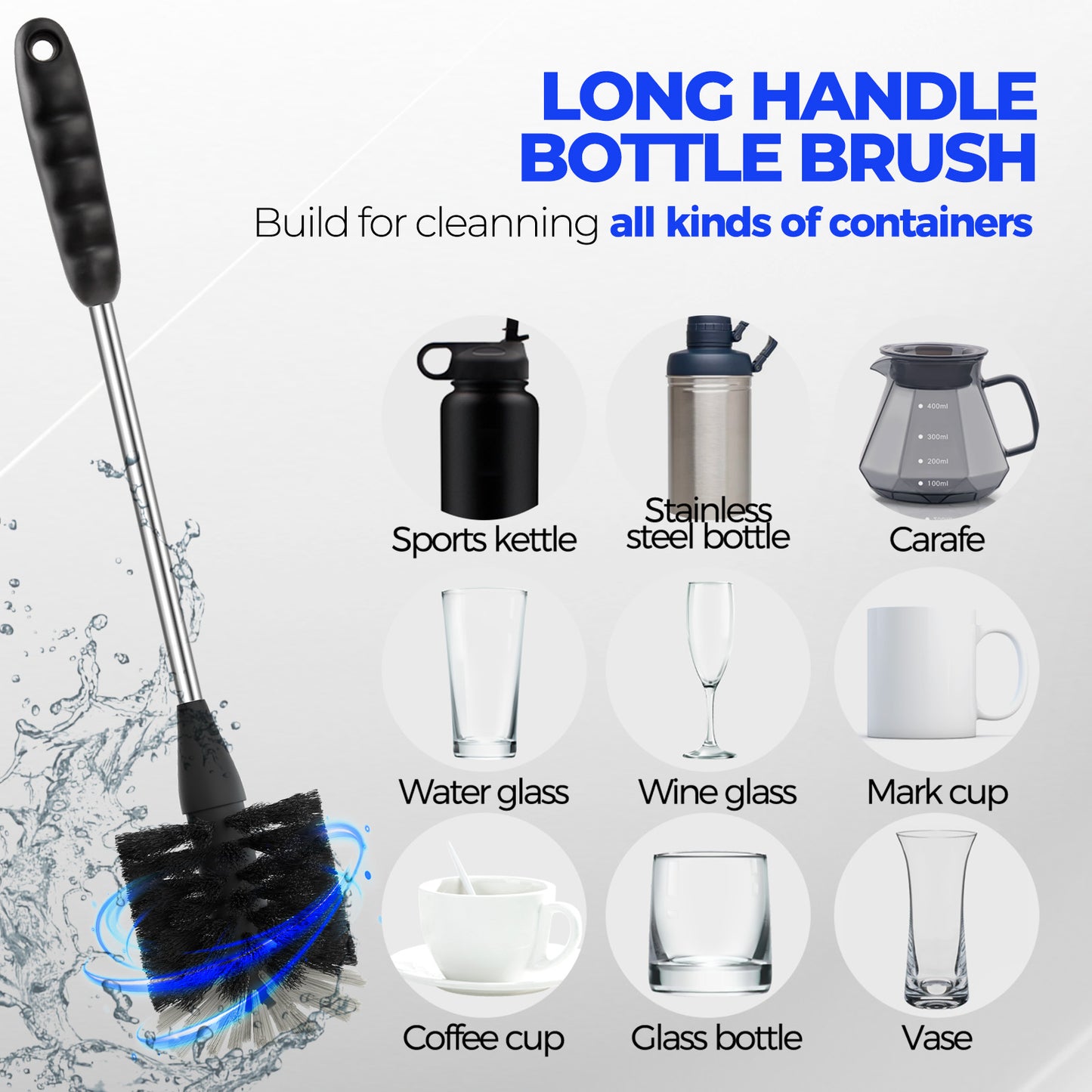 Holikme 6 Pack Bottle Brush Set, 14" Long Handle Stainless Steel Bottle Cleaner Brush, 3 Straw Brushes, 3-in-1 Bottle Cleaning Brush for Water Bottle, Antistatic Lab Brushes, Straws Black