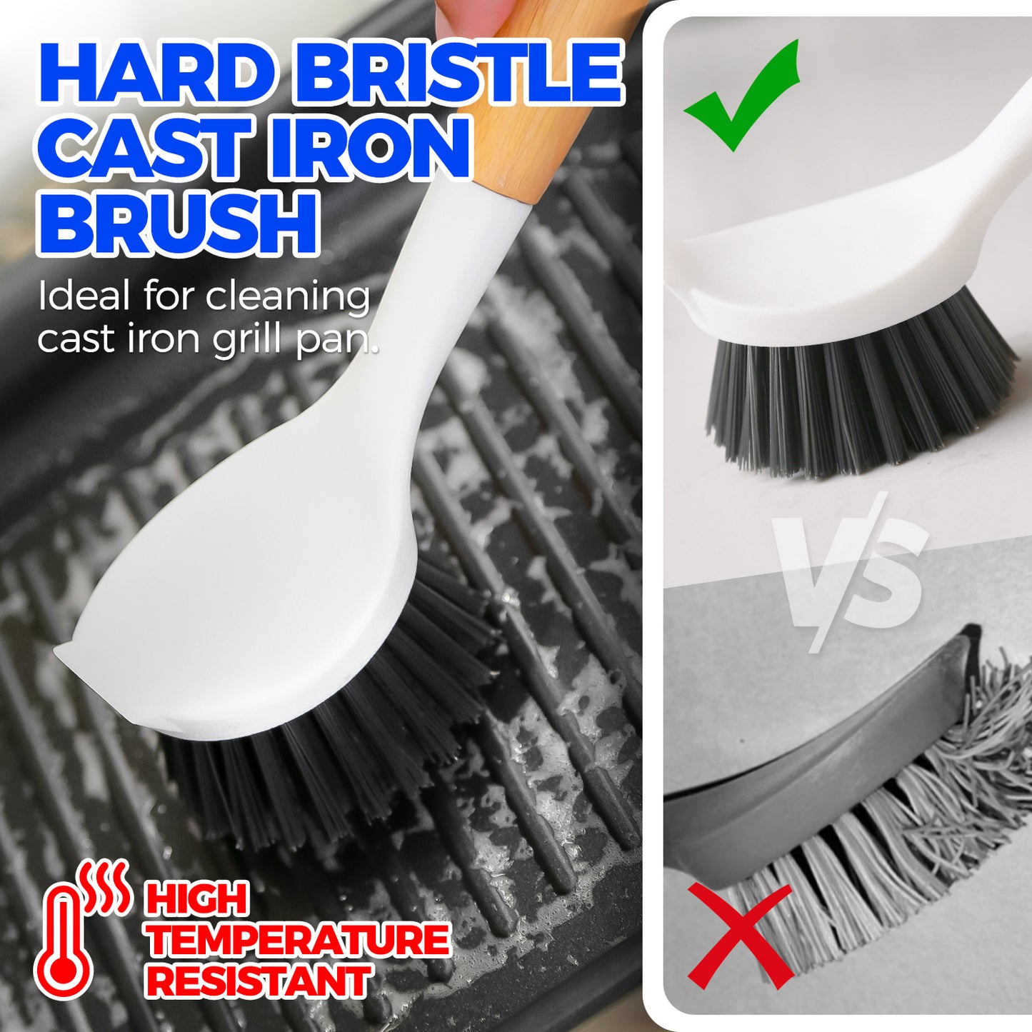 Holikme 3 Pack Dish Brush Set with Bamboo Handle, Kitchen Scrub Brush for Cleaning Dish, Pot, Sink and Stove, Skillet Scrubber with Tough Bristles for Cast Iron Grill Pan, White
