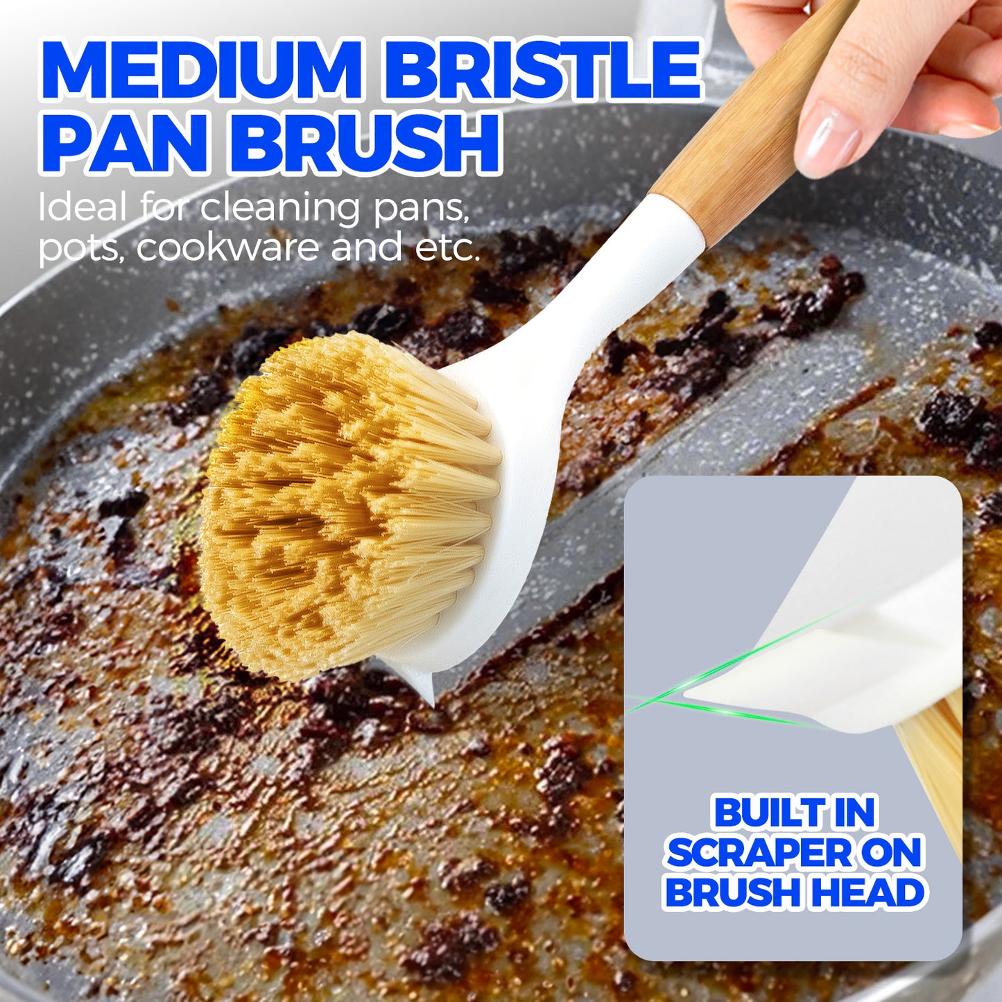 Holikme 3 Pack Dish Brush Set with Bamboo Handle, Kitchen Scrub Brush for Cleaning Dish, Pot, Sink and Stove, Skillet Scrubber with Tough Bristles for Cast Iron Grill Pan, White