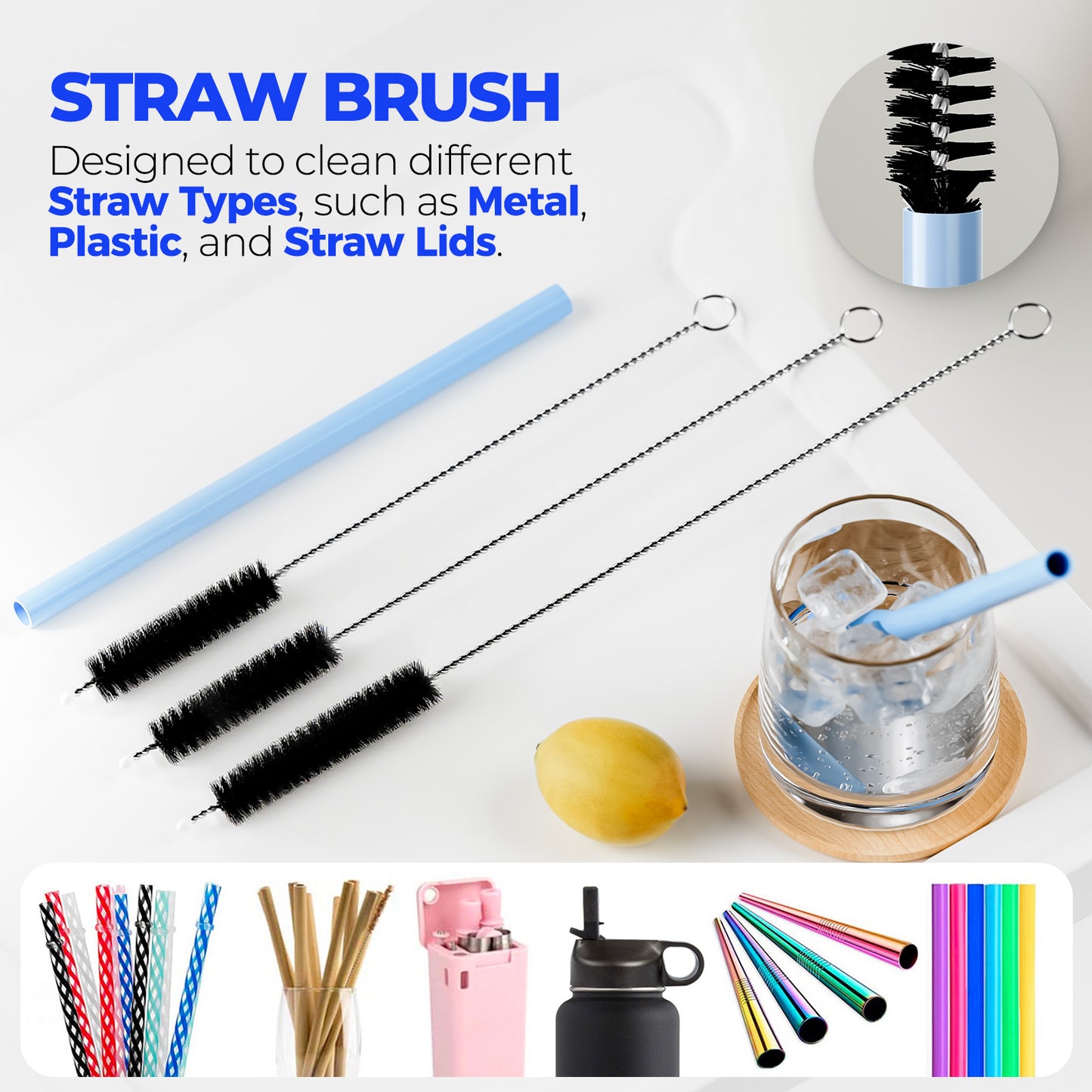 Holikme 6 Pack Bottle Brush Set, 14" Long Handle Stainless Steel Bottle Cleaner Brush, 3 Straw Brushes, 3-in-1 Bottle Cleaning Brush for Water Bottle, Antistatic Lab Brushes, Straws Black