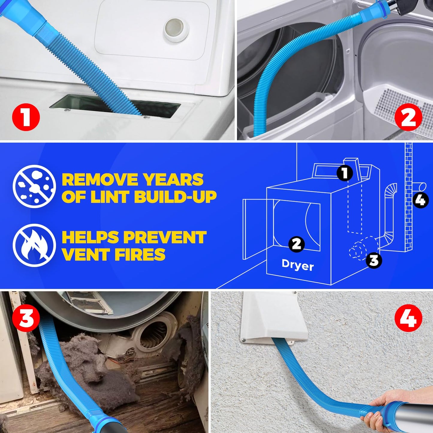 Holikme 3 Pieces Dryer Vent Cleaner Kit - Dryer Lint Screens Cleaner Brush Part,Dryer Vent Trap Vacuum Brush,Vacuum Hose Attachment,Compatible with Most Vacuum Cleaner,Quickly Lint Removers