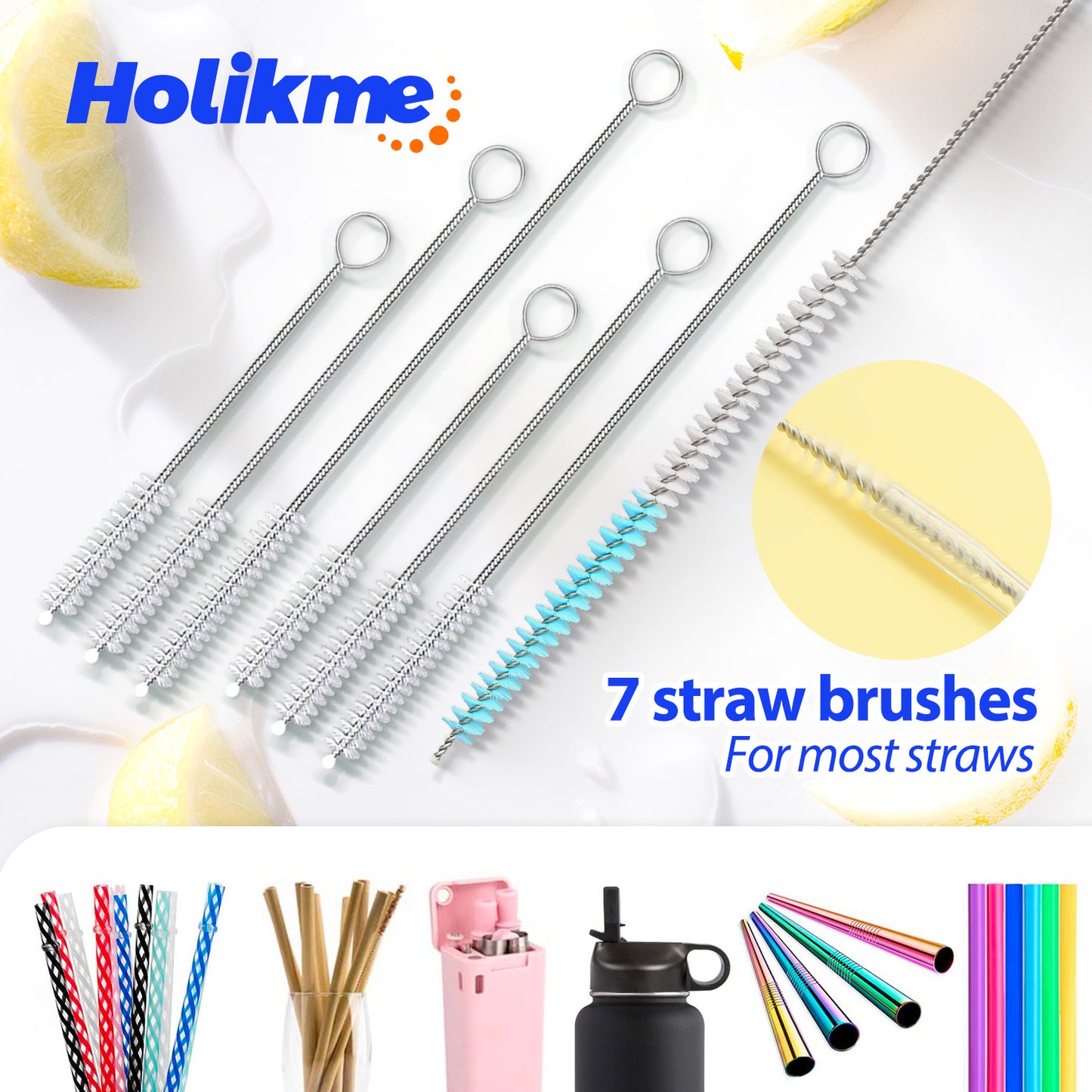Holikme Bottle Brush Tube Cleaning Lab Set with Long Handle, Cup Cleaner for Washing Narrow Neck Beer Wine Decanter Pipes Lids Sinks Cap Covers, White
