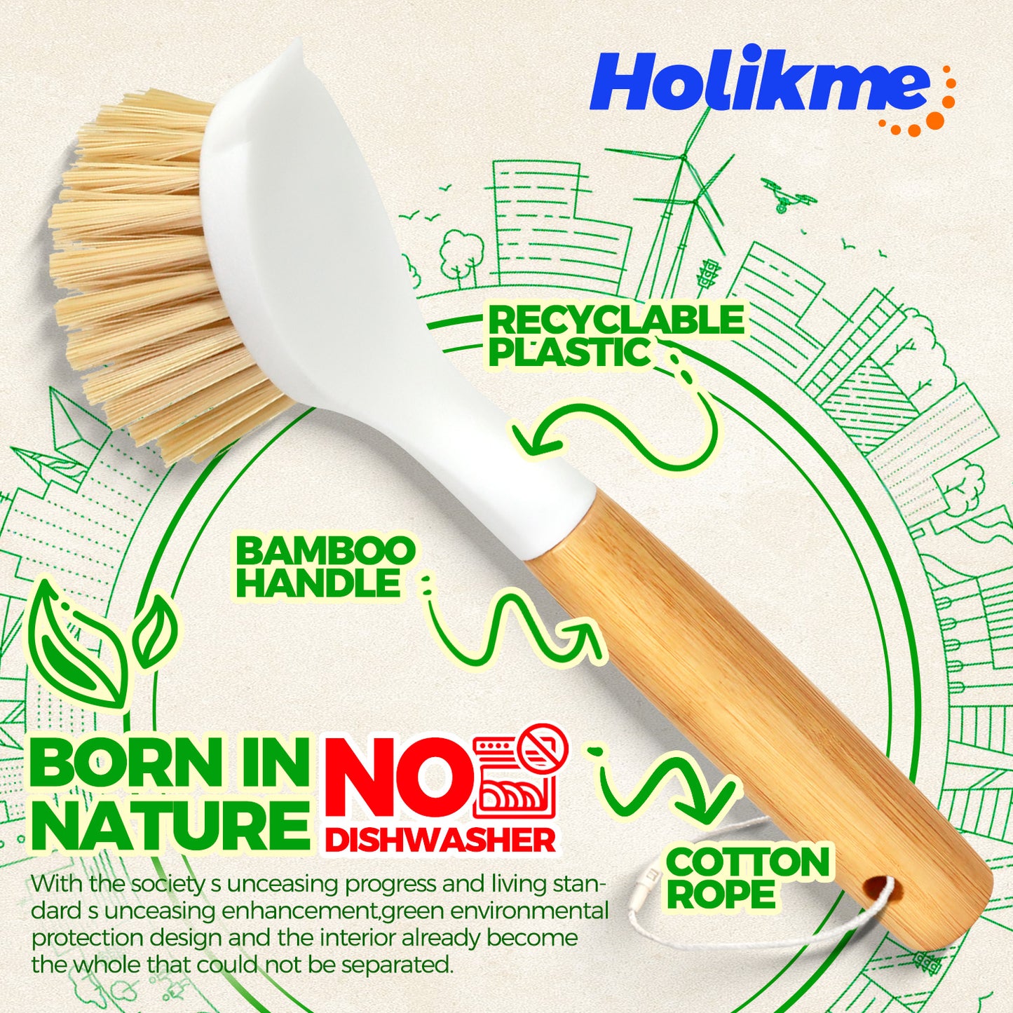 Holikme 3 Pack Dish Brush Set with Bamboo Handle, Kitchen Scrub Brush for Cleaning Dish, Pot, Sink and Stove, Skillet Scrubber with Tough Bristles for Cast Iron Grill Pan, White