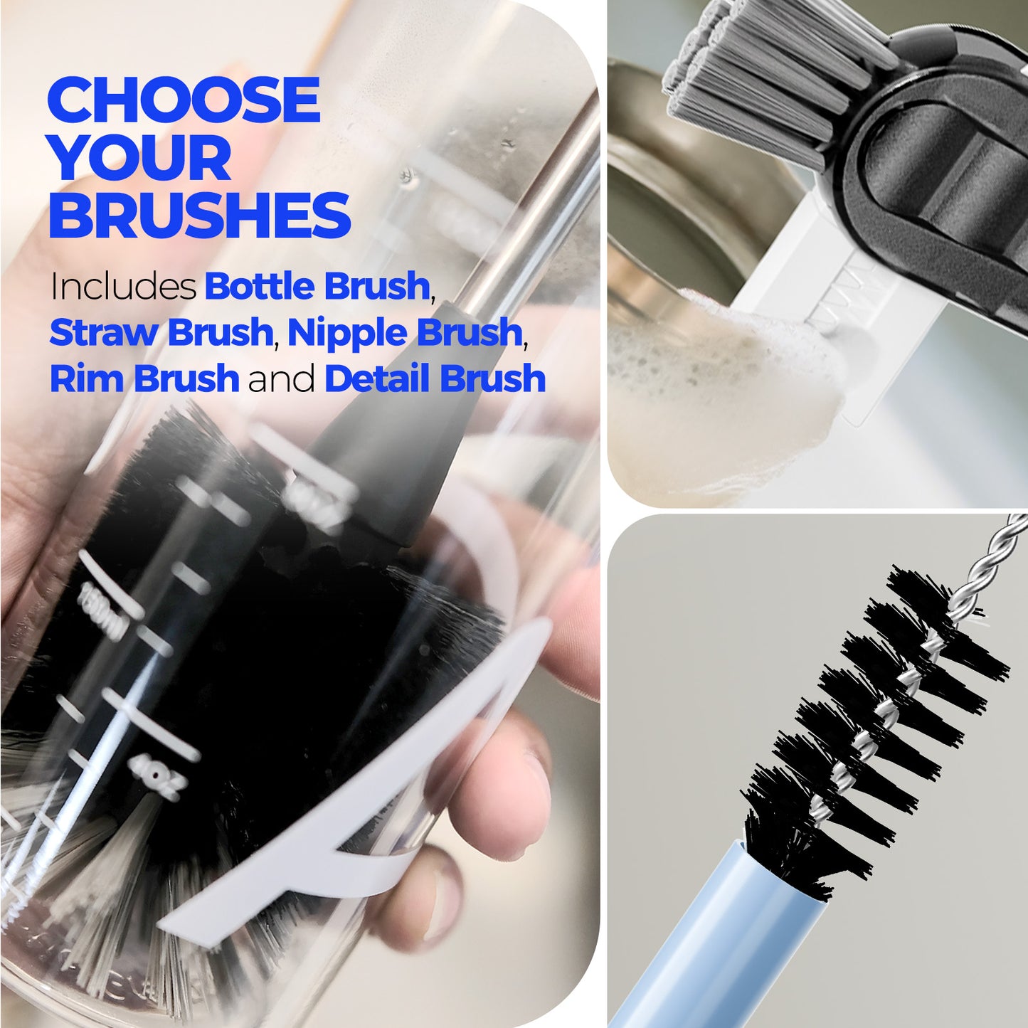 Holikme 6 Pack Bottle Brush Set, 14" Long Handle Stainless Steel Bottle Cleaner Brush, 3 Straw Brushes, 3-in-1 Bottle Cleaning Brush for Water Bottle, Antistatic Lab Brushes, Straws Black