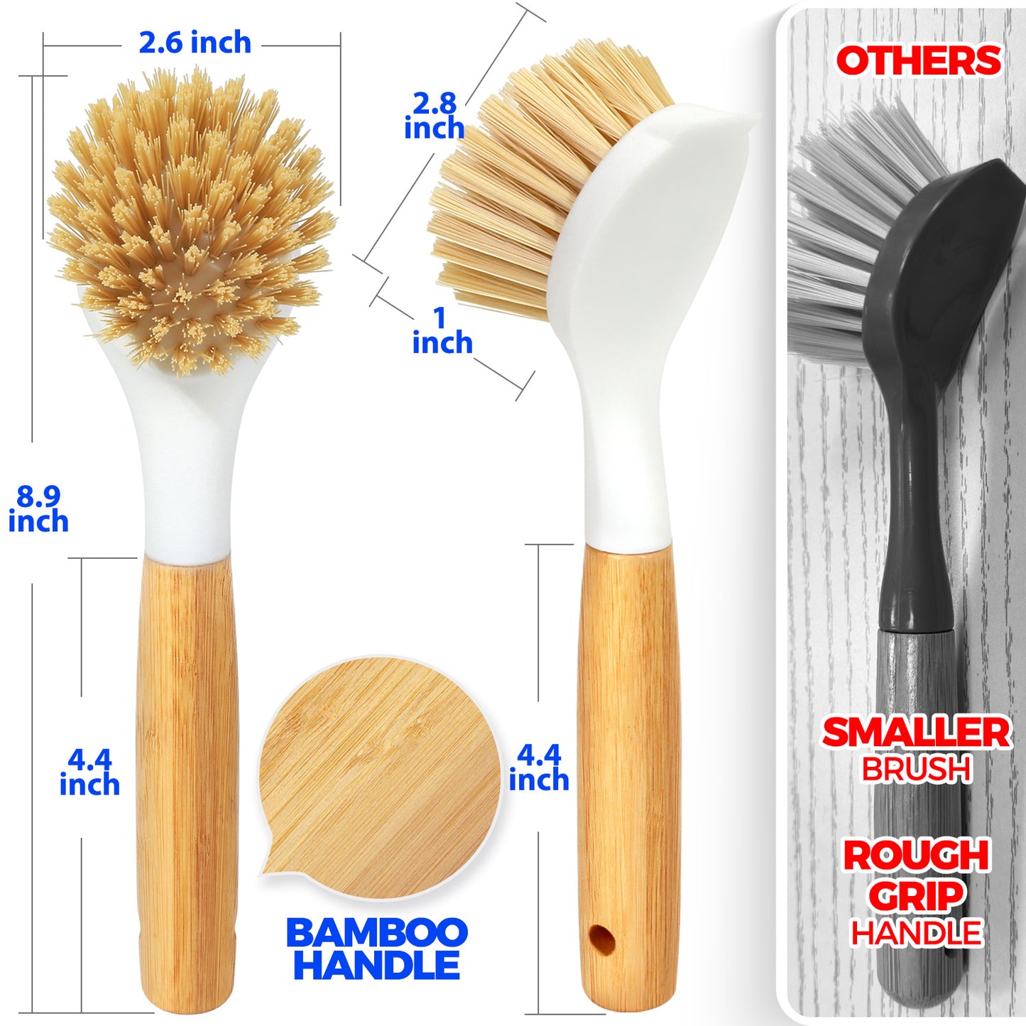 Holikme 3 Pack Dish Brush Set with Bamboo Handle, Kitchen Scrub Brush for Cleaning Dish, Pot, Sink and Stove, Skillet Scrubber with Tough Bristles for Cast Iron Grill Pan, White