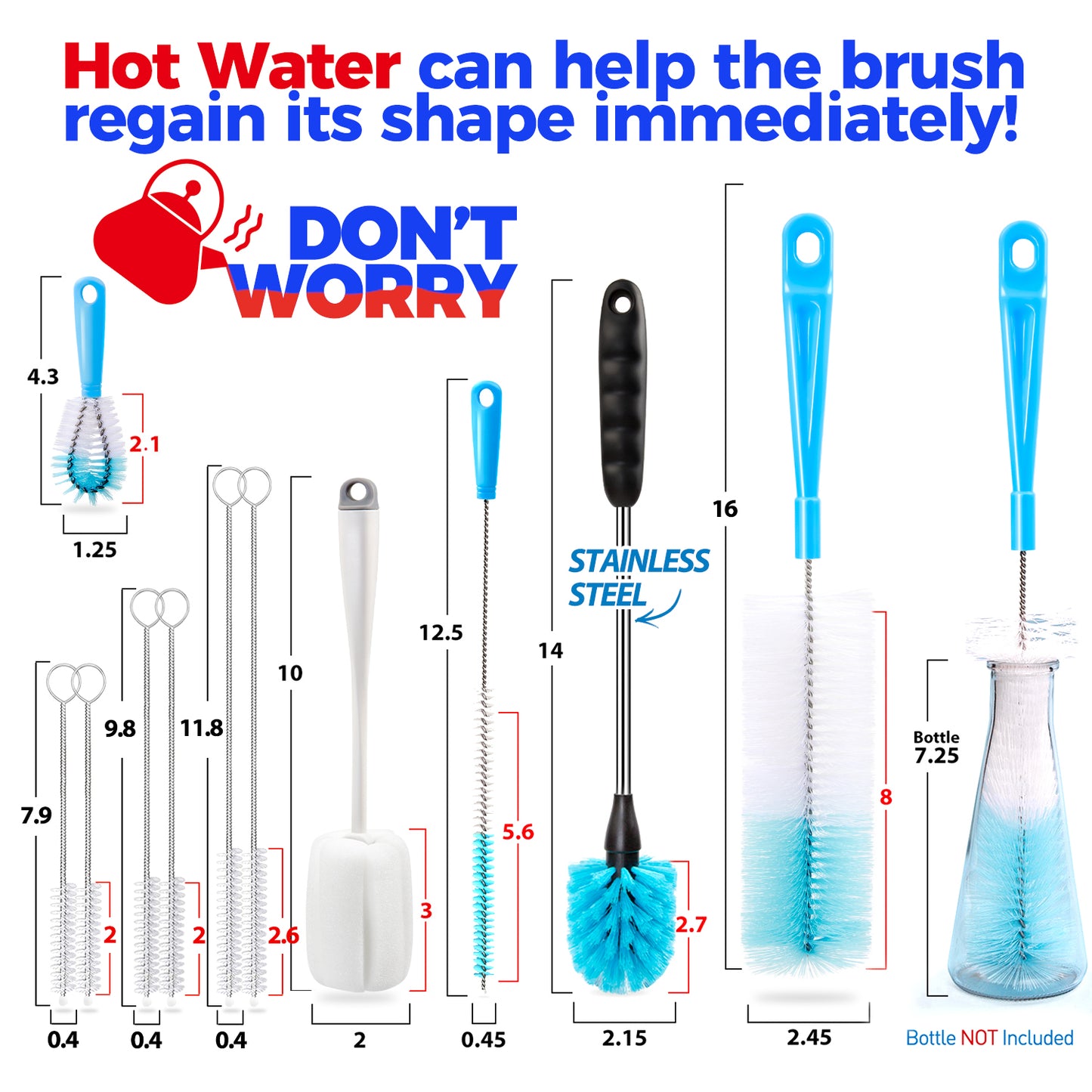 Holikme Bottle Brush Tube Cleaning Lab Set with Long Handle, Cup Cleaner for Washing Narrow Neck Beer Wine Decanter Pipes Lids Sinks Cap Covers, White