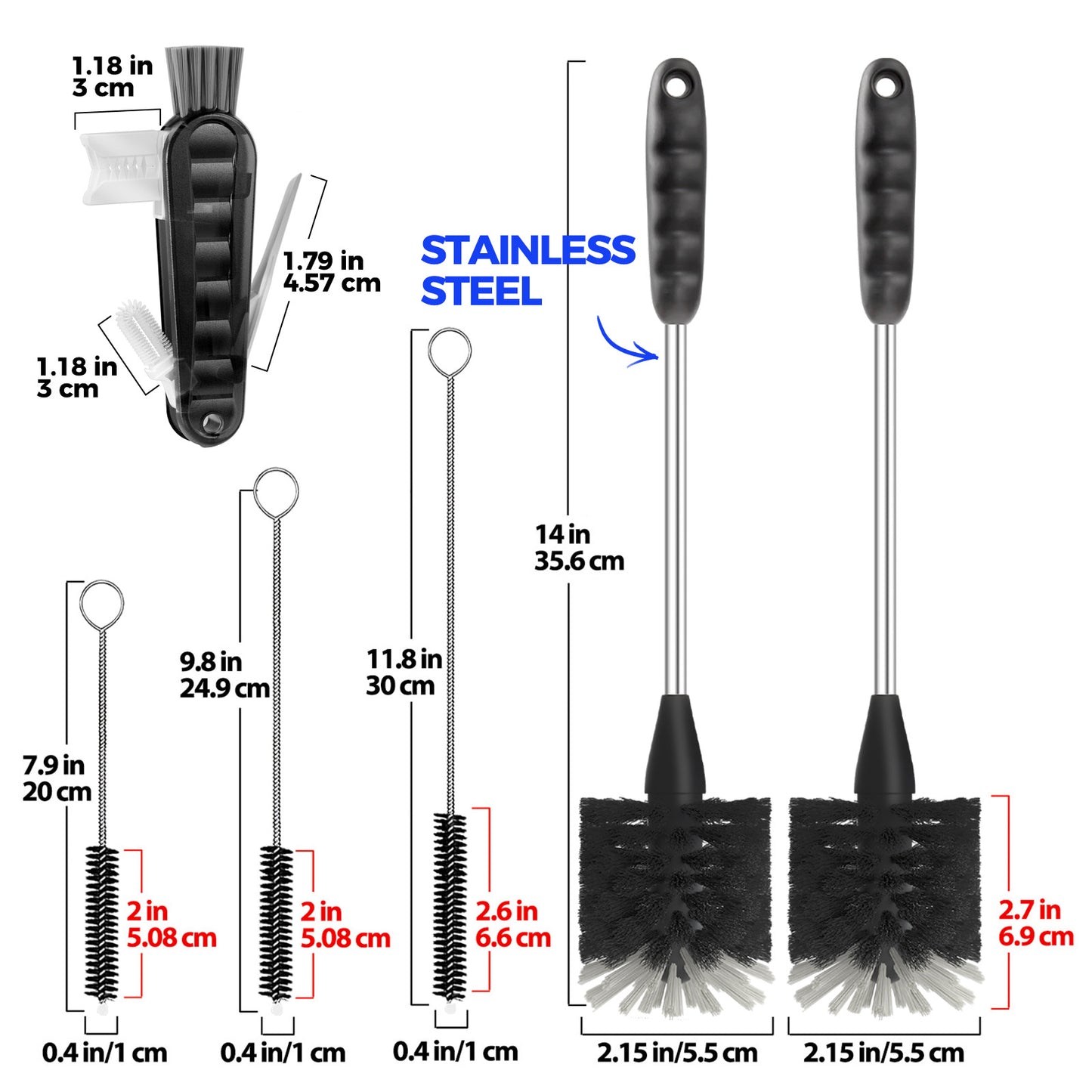 Holikme 6 Pack Bottle Brush Set, 14" Long Handle Stainless Steel Bottle Cleaner Brush, 3 Straw Brushes, 3-in-1 Bottle Cleaning Brush for Water Bottle, Antistatic Lab Brushes, Straws Black