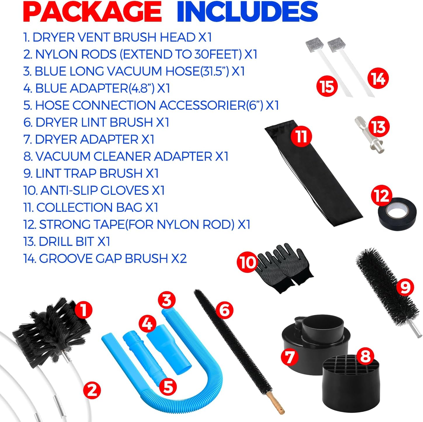 Holikme Dryer Vent Cleaner Kit, Include 30Feet Dryer Vent Cleaning Brush, Dryer Lint Vacuum Attachment, Lint Brush & Dryer Adapters, Blue