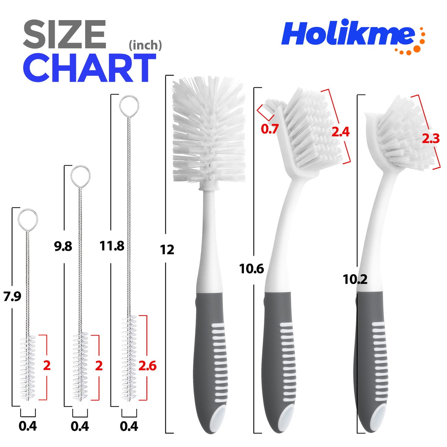 Holikme 6 Pack Dish Brush Set with Bottle Brush, Dish Scrub Brush, Pan Brush and 3 Straw Brushes, Deep Cleaning Handle Brush with Scraper Tip for Kitchen Sink Dishes Bottle Cup Pot and Pans (Gray)