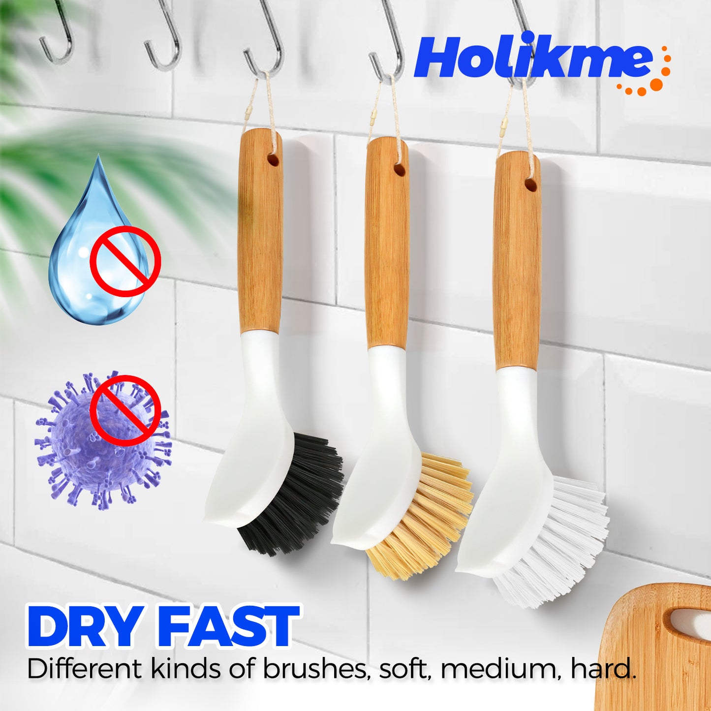 Holikme 3 Pack Dish Brush Set with Bamboo Handle, Kitchen Scrub Brush for Cleaning Dish, Pot, Sink and Stove, Skillet Scrubber with Tough Bristles for Cast Iron Grill Pan, White