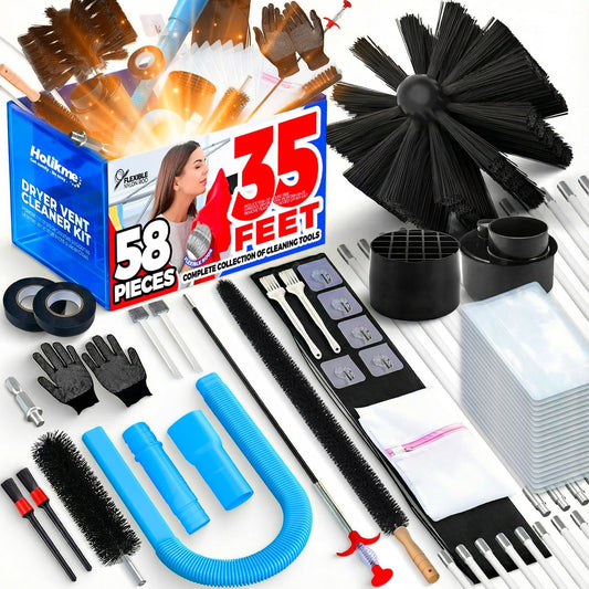 Holikme 58 Pieces 35 Feet Dryer Vent Cleaner Kit, Dryer Cleaning Tools, Include Dryer Vent Brush, Omnidirectional Blue Dryer Lint Vacuum Attachment, Dryer Lint Trap Brush, Vacuum & Dryer Adapters