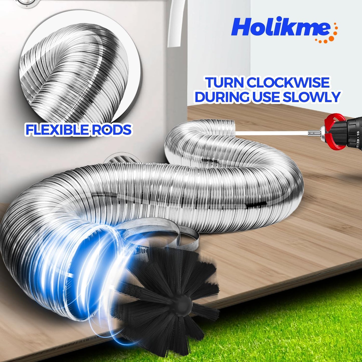 Holikme 30 Feet Dryer Vent Cleaner Kit, Flexible Lint Brush with Drill Attachment, Fireplace Chimney Brushes Extends Up to 30 Feet for Easy Cleaning, Use with or Without a Power Drill