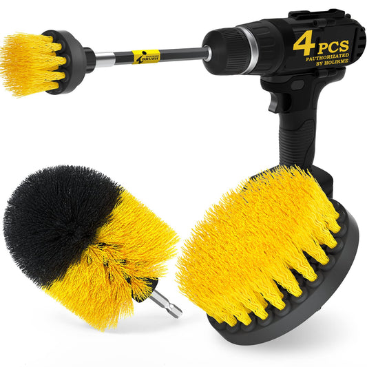 Holikme 4Pack Drill Brush Power Scrubber Cleaning Brush Extended Long Attachment Set All Purpose Drill Scrub Brushes Kit for Grout, Floor, Tub, Shower, Tile, Bathroom and Kitchen Surface，Yellow