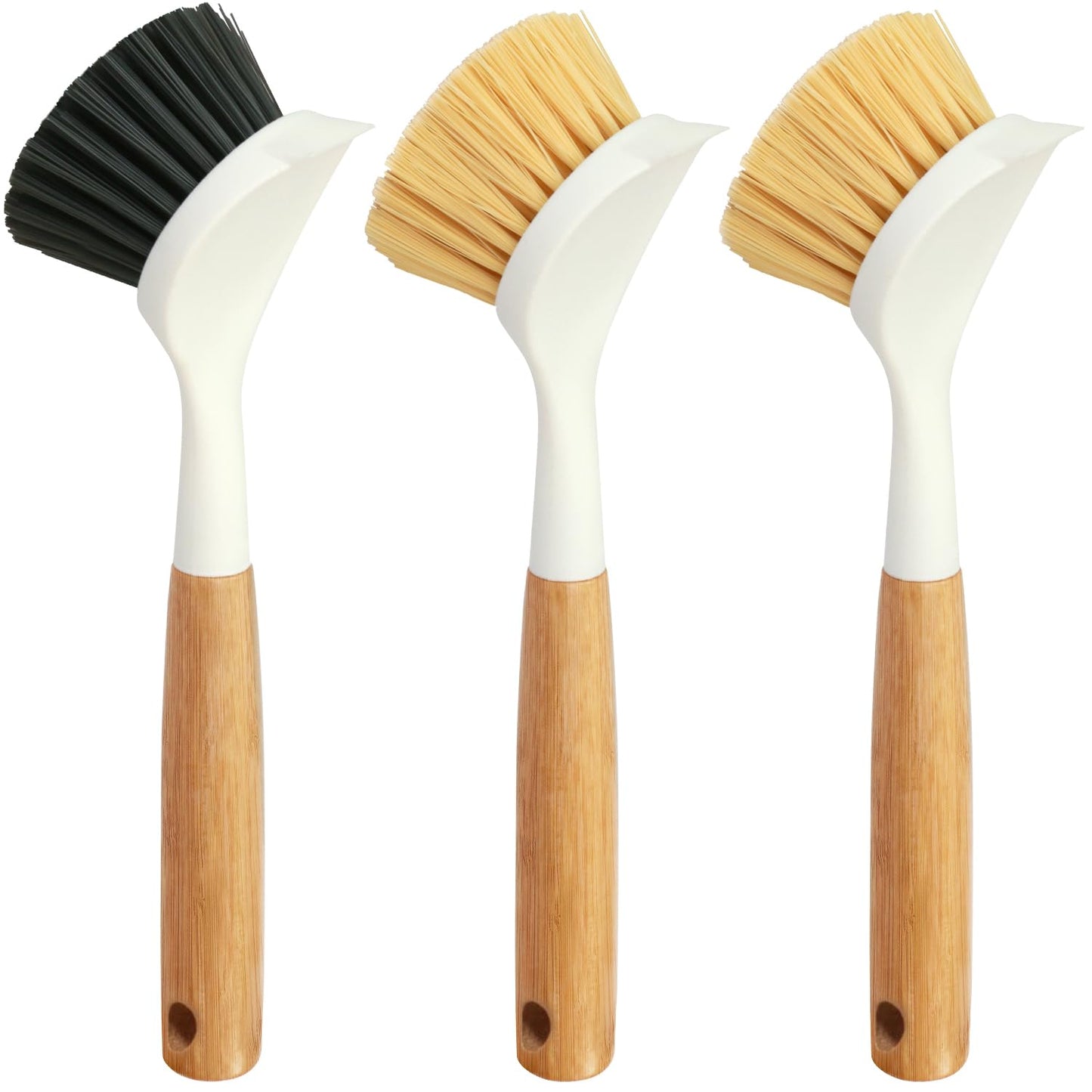 Holikme 3 Pack Dish Brush Set with Bamboo Handle, Kitchen Scrub Brush for Cleaning Dish, Pot, Sink and Stove, Skillet Scrubber with Tough Bristles for Cast Iron Grill Pan, White