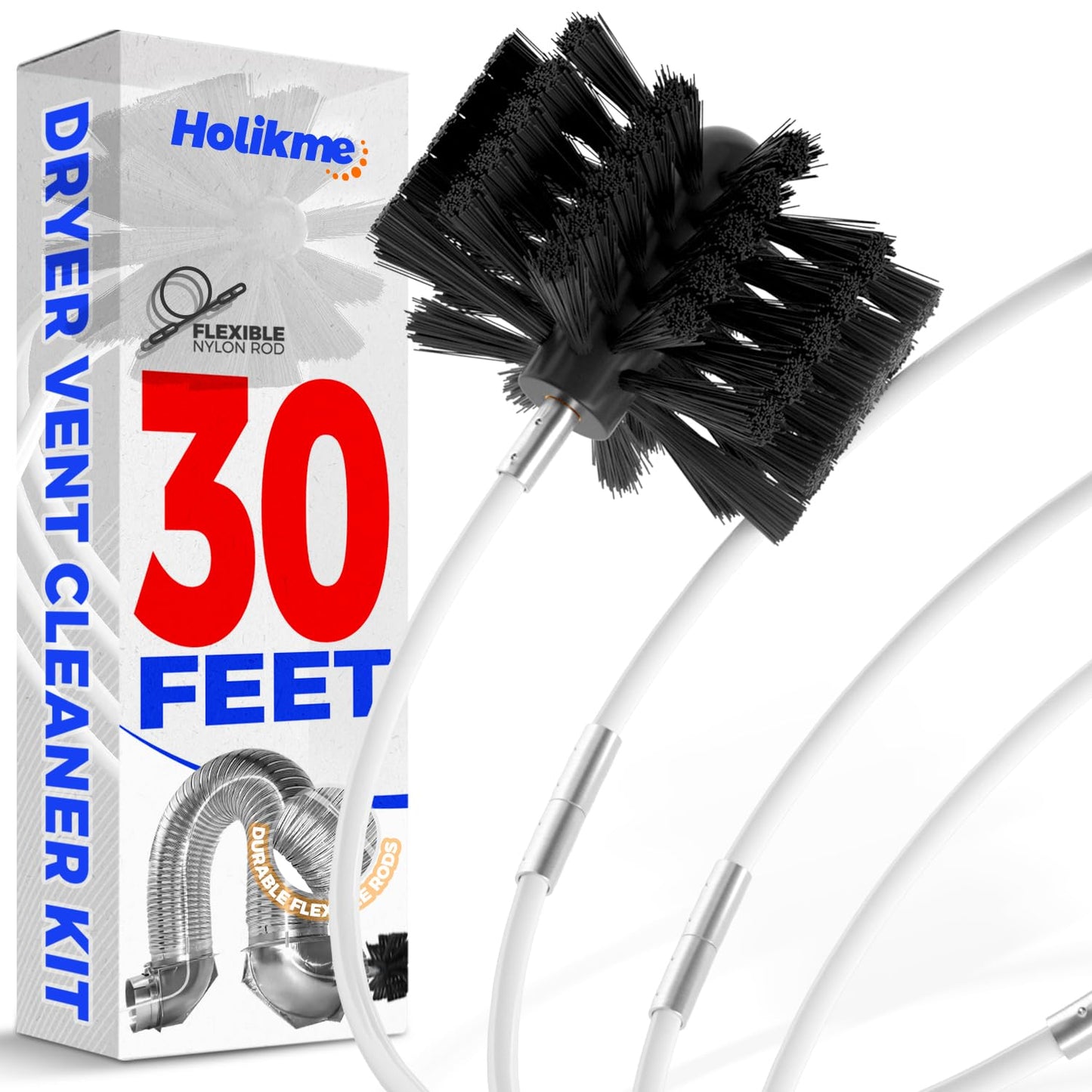 Holikme 30 Feet Dryer Vent Cleaner Kit, Flexible Lint Brush with Drill Attachment, Extends Up to 30 Feet for Easy Cleaning, Synthetic Brush Head, Use with or Without a Power Drill