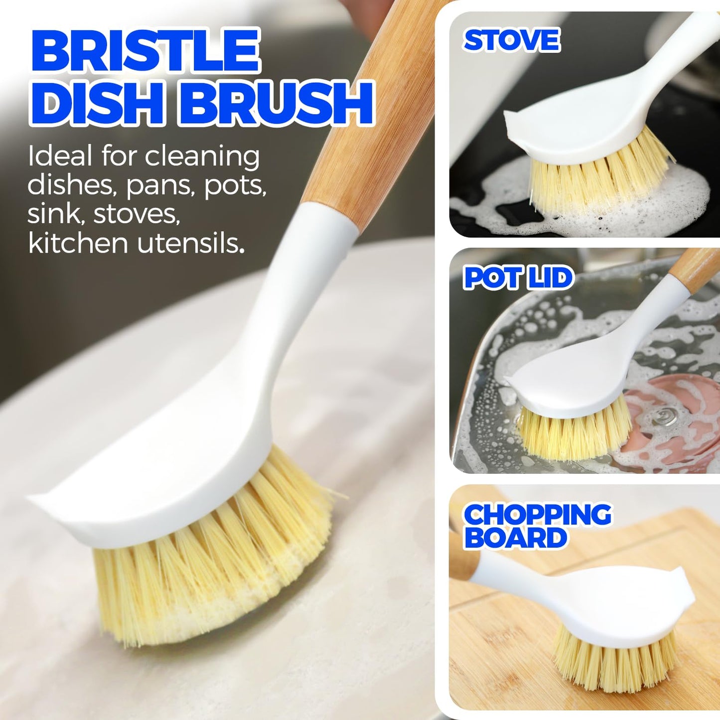 Holikme 3 Pack Dish Brush Set with Bamboo Handle, Kitchen Scrub Brush for Cleaning Dish, Pot, Sink and Stove, Skillet Scrubber with Tough Bristles for Cast Iron Grill Pan, White