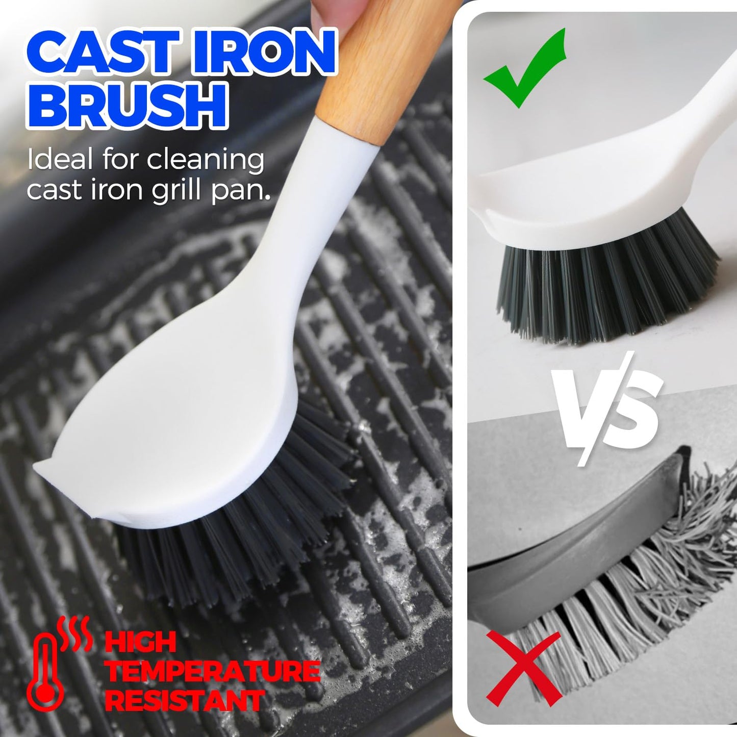 Holikme 3 Pack Dish Brush Set with Bamboo Handle, Kitchen Scrub Brush for Cleaning Dish, Pot, Sink and Stove, Skillet Scrubber with Tough Bristles for Cast Iron Grill Pan, White