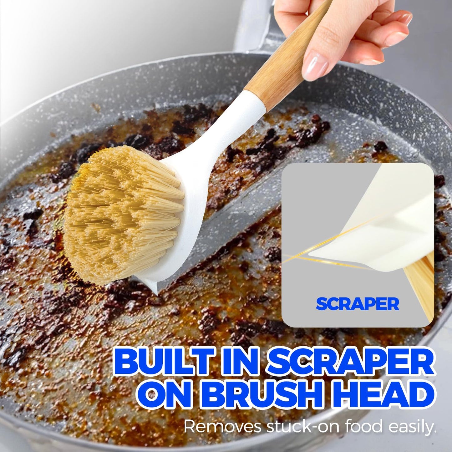 Holikme 3 Pack Dish Brush Set with Bamboo Handle, Kitchen Scrub Brush for Cleaning Dish, Pot, Sink and Stove, Skillet Scrubber with Tough Bristles for Cast Iron Grill Pan, White