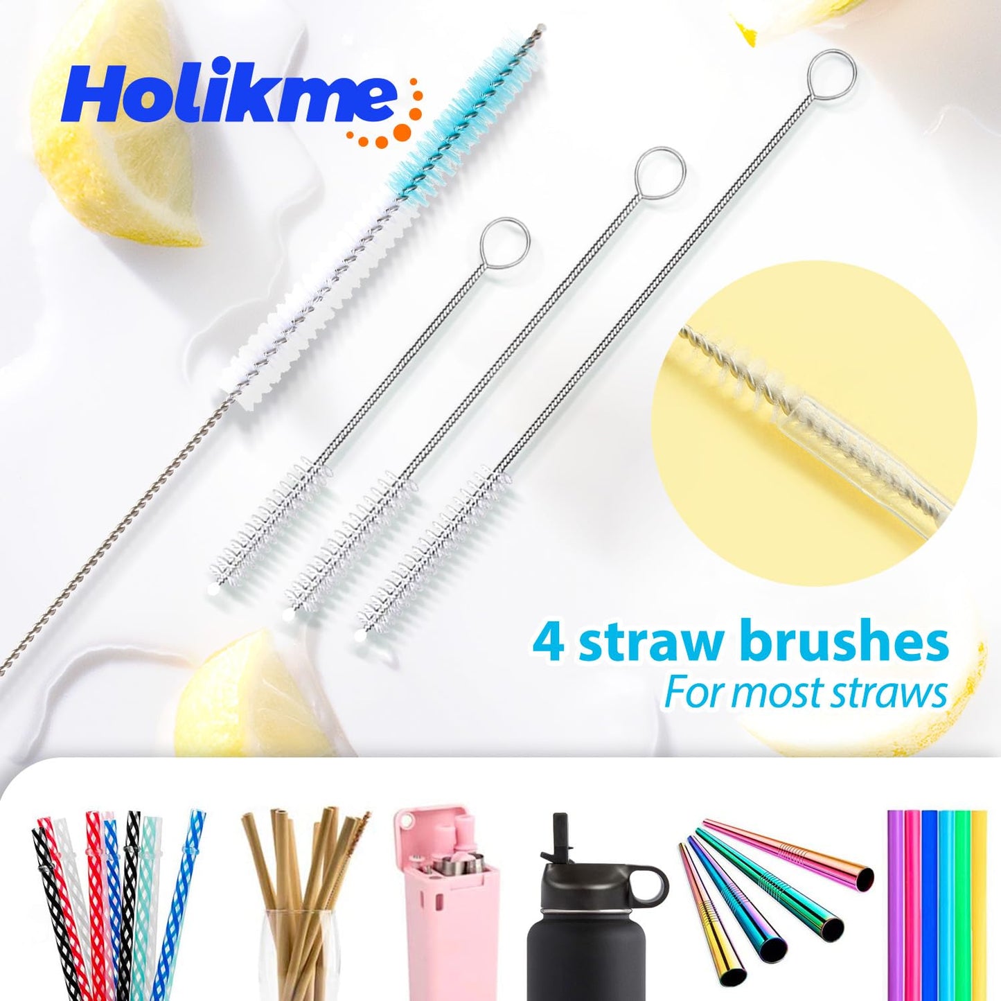 Holikme 8 Pack Bottle Brush Cleaning Set, Long Handle Bottle Cleaner for Washing Narrow Neck Beer Bottles Wine Decanter Narrow Cup Pipes Sinks Cup Cover, White