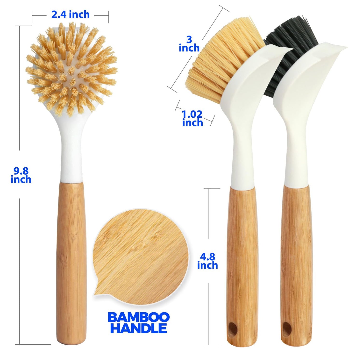 Holikme 3 Pack Dish Brush Set with Bamboo Handle, Kitchen Scrub Brush for Cleaning Dish, Pot, Sink and Stove, Skillet Scrubber with Tough Bristles for Cast Iron Grill Pan, White