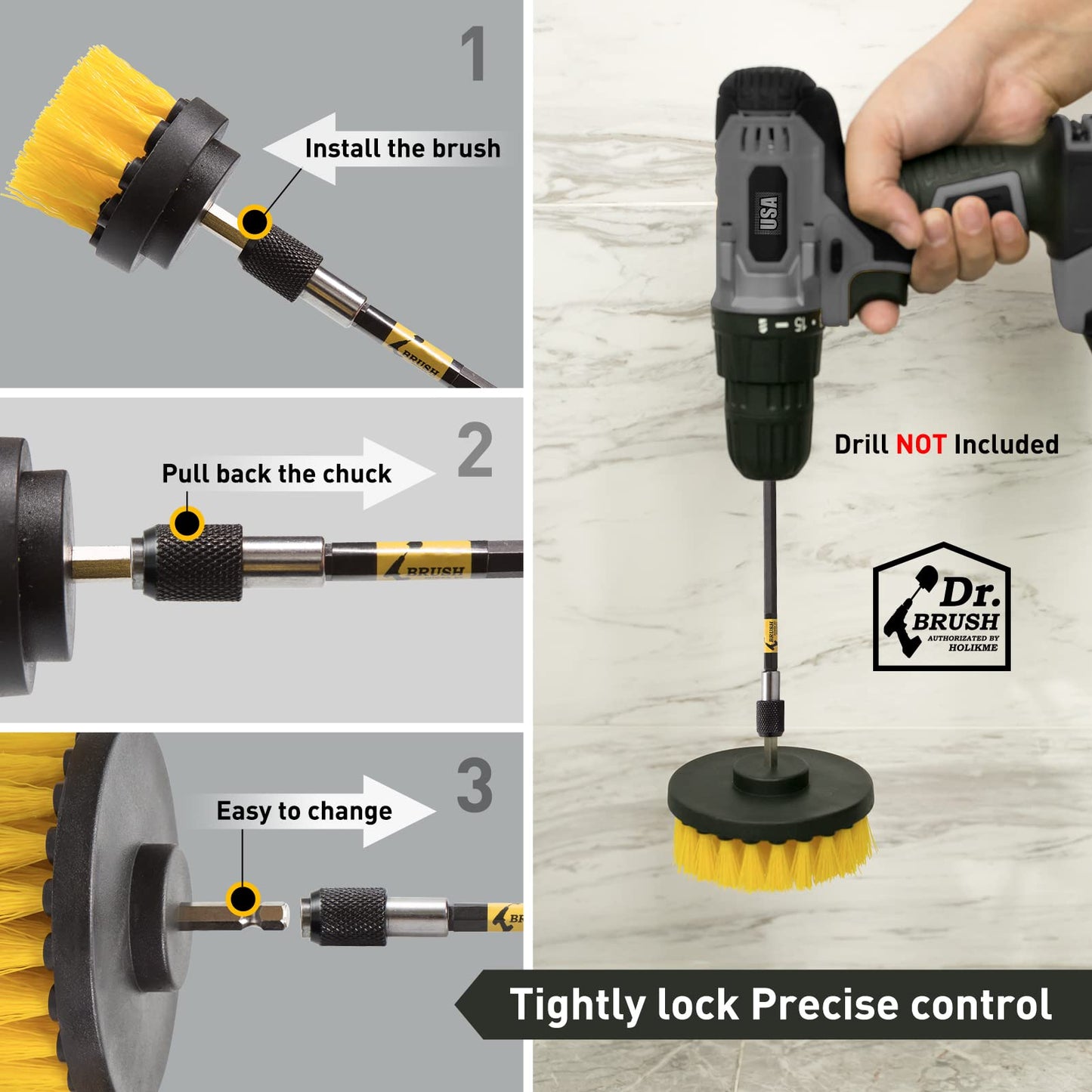 Holikme 4Pack Drill Brush Power Scrubber Cleaning Brush Extended Long Attachment Set All Purpose Drill Scrub Brushes Kit for Grout, Floor, Tub, Shower, Tile, Bathroom and Kitchen Surface，Yellow