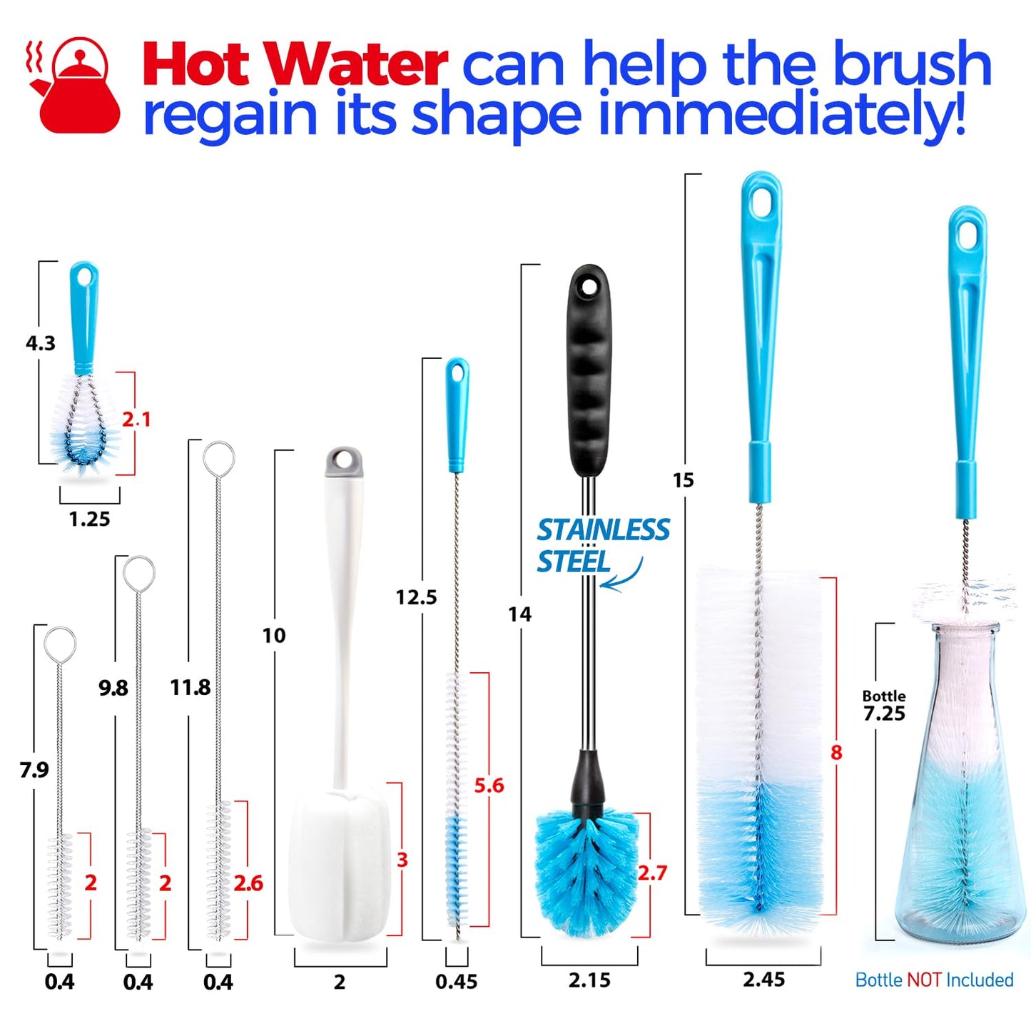 Holikme 8 Pack Bottle Brush Cleaning Set, Long Handle Bottle Cleaner for Washing Narrow Neck Beer Bottles Wine Decanter Narrow Cup Pipes Sinks Cup Cover, White