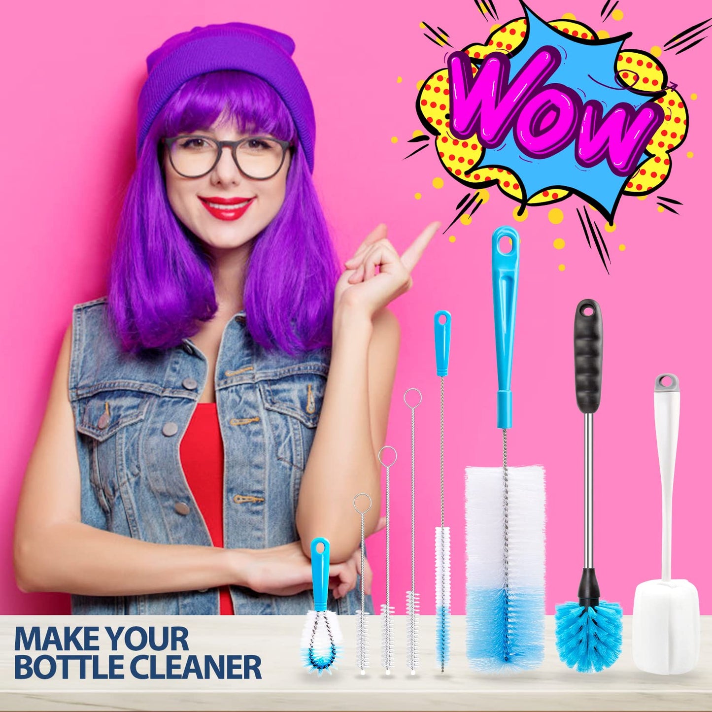 Holikme 8 Pack Bottle Brush Cleaning Set, Long Handle Bottle Cleaner for Washing Narrow Neck Beer Bottles Wine Decanter Narrow Cup Pipes Sinks Cup Cover, White